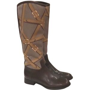 Tory Burch FELIX Riding Boots Brown Leather Equestrian Print Fabric Zip Size 6